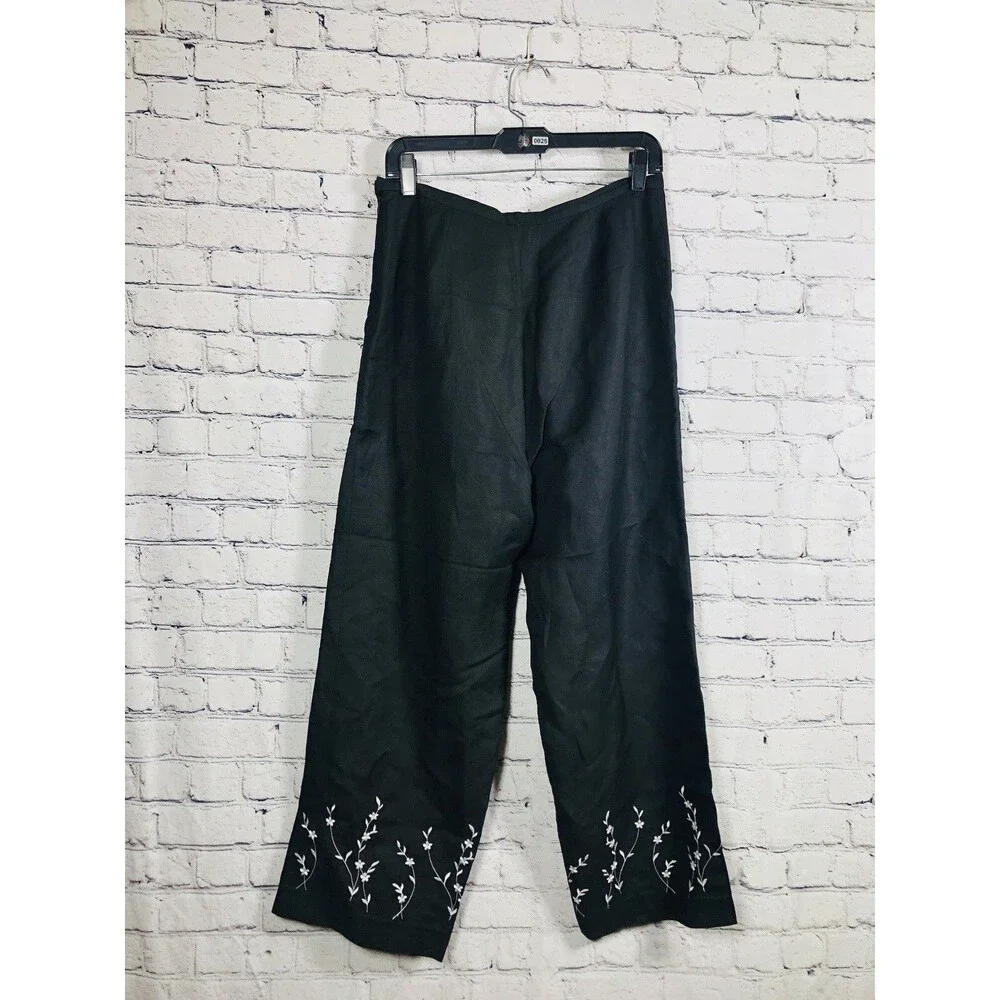 Herman Geist Women's Linen Blend Black Embroidered Leg Side Zip Crop Pants 12